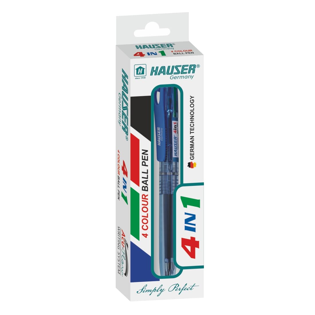Hauser Germany 4 In 1 Retractable Ball Pen Box | Durable Transparent Body | 4 Ink Colors In One Pen | Low Viscosity Ink System | Acu Flow Writing System | Blue, Black, Red & Green Ink, Of 5 Pens