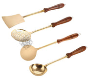 DSH Pure Brass Spoon Set for Cooking and Serving Spoon with Wooden Handle (Set of-4) Multipurpose Brass Serving Set for Kitchen.(BR-CSPN-4P)