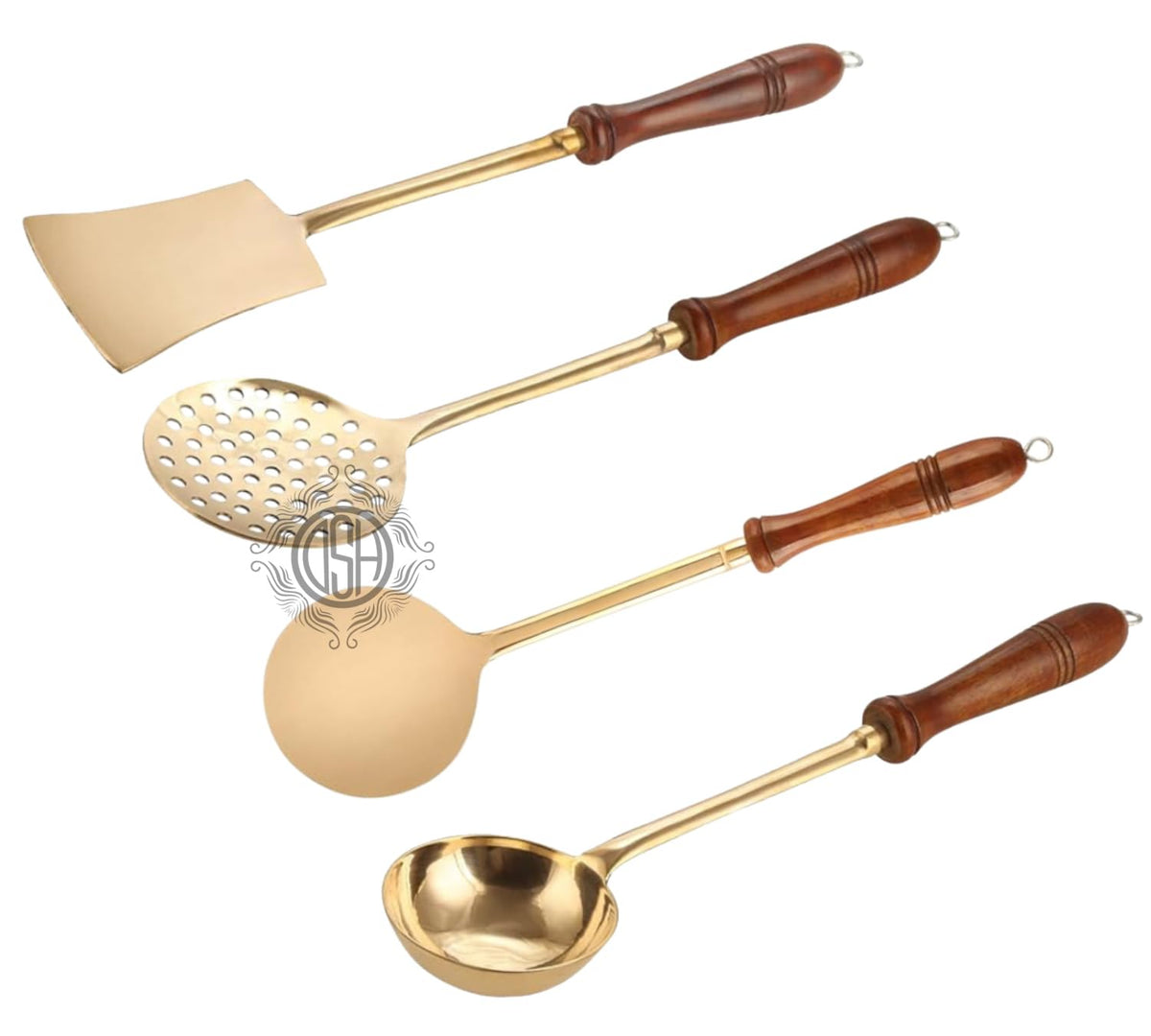 DSH Pure Brass Spoon Set for Cooking and Serving Spoon with Wooden Handle (Set of-4) Multipurpose Brass Serving Set for Kitchen.(BR-CSPN-4P)
