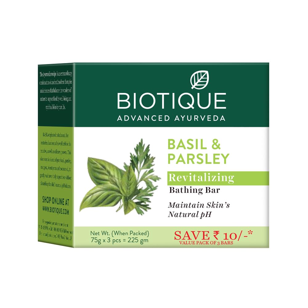 Biotique Basil & Parsley Revitalizing Bathing Bar| Ayurvedic and Organically Pure| Maintains Skin’s Natural pH |100% Botanical Extracts| Suitable for All Skin Types | 150gm 3, 225 g (3 x 75 g)
