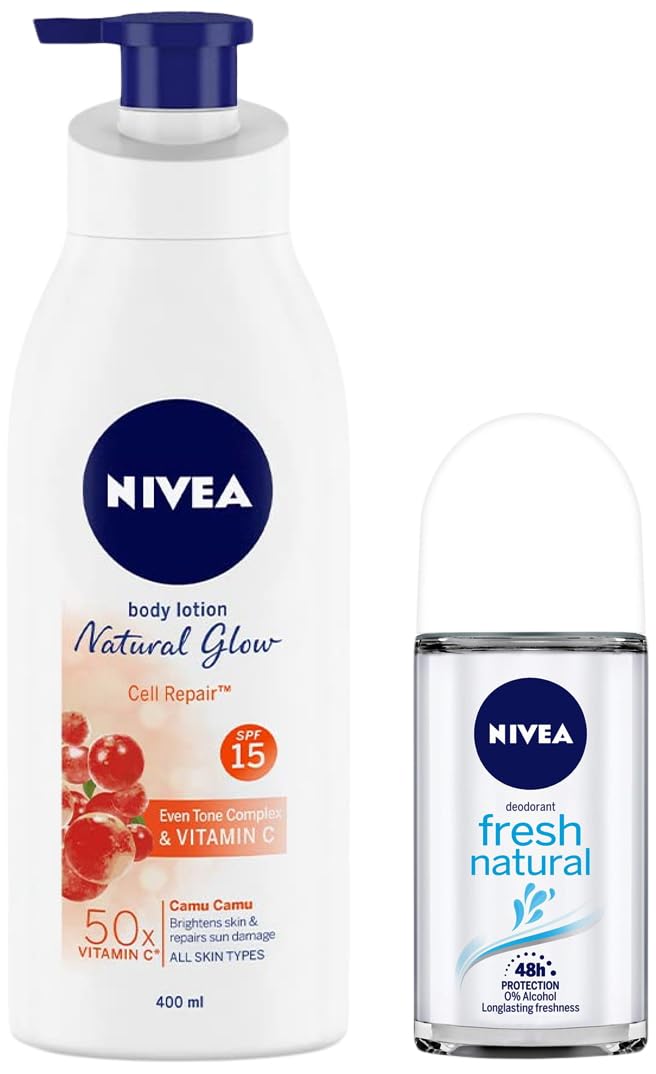 Nivea Body Lotion, Extra Whitening Cell Repair SPF 15, For All Skin Types, 400ml & Deodorant Roll On, Fresh Natural, 50ml
