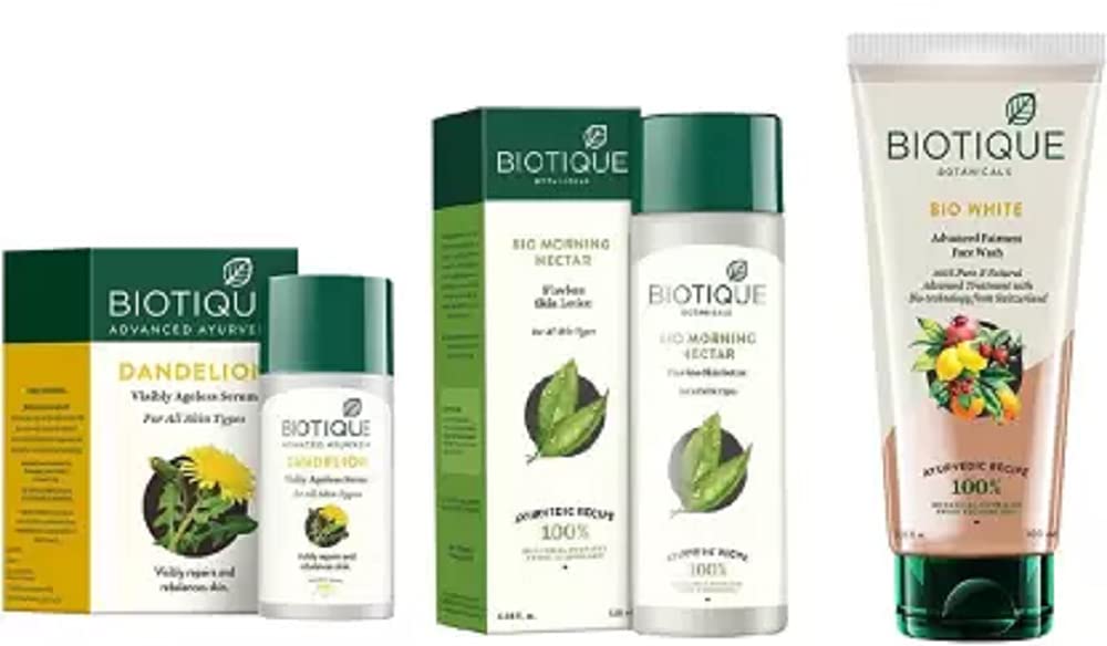Biotique Bio Morning Nectar Flawless Skin Lotion, 120 ml, Bio Dandelion Visibly Ageless Serum, 40 ml and Bio White Advanced Fairness Face Wash, 100ml (Set of 3 Items)