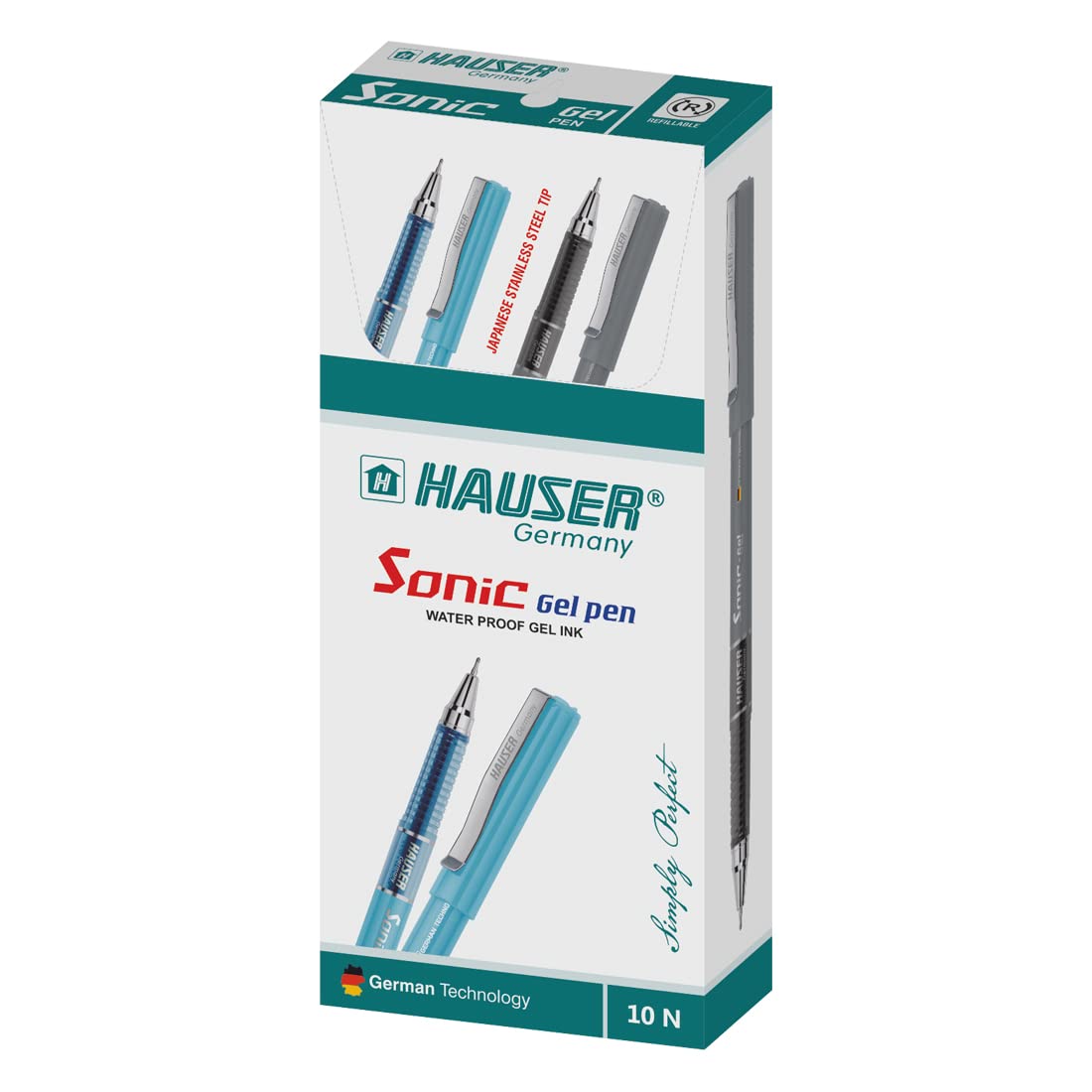 Hauser Sonic Gel Pen Box | Attractive Foiled Body | Stylish Metal Clip | Refillable & Waterproof Gel Ink | German Technology For Smooth & Effortless Writing | Blue Ink, Set Of 10 X 5 Pack