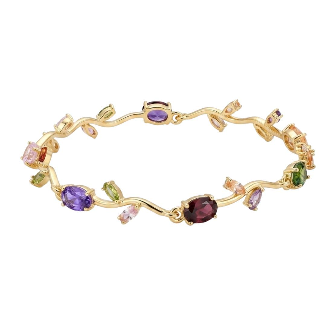 NMII 18K Gold Plated Tulip Chain Bracelet For Women & Girls | Anti Tarnish Alloy Kada | Zircon Diamond Tennis Charm Link | Floral Leaf Design | Stylish Daily Party Wedding Jewelry Gift - Pack Of 1