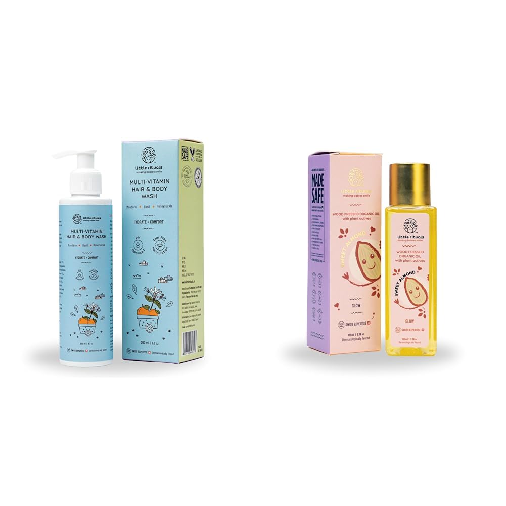 Little Rituals Baby Multi-Vitamin Body & Hair Wash - 200 ml and Sweet Almond (Badam Oil) Baby Massage Oil, Cold Pressed and Certified Organic with Swiss Plant Actives - 100 ml
