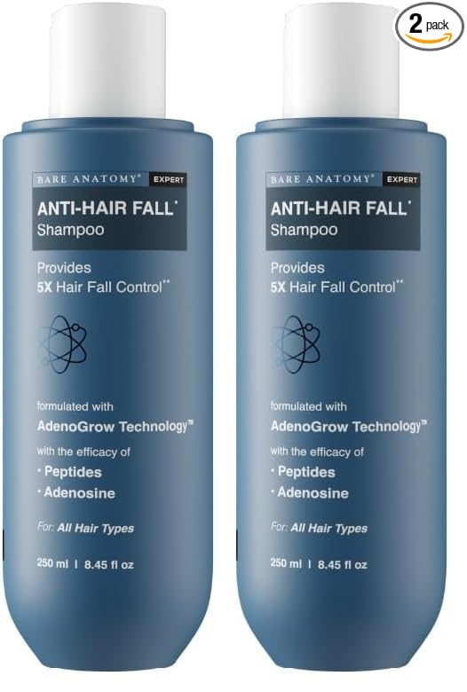 Bare Anatomy Anti Hair Fall Shampoo | 5x Hair Fall Control & Growth |Contains Biotin Adenosine, & Peptides|Paraben & SLS Free | For All Hair Types | For Women & Men | 250ml (Pack of 2)