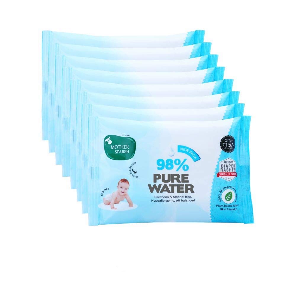 Mother Sparsh Cotton Scented Water Plant Fabric, Biodegradable Wipe (Blue, 15 Wipes)