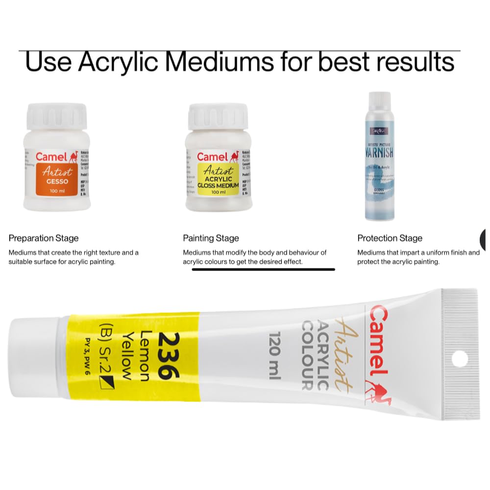 Camel Camlin Kokuyo Artist Acrylic Colour Tubes 120ml Lemon Yellow 236