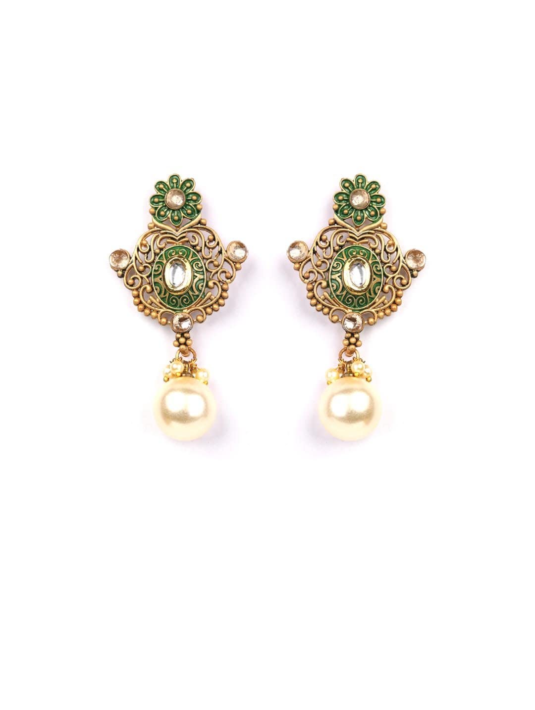 Priyaasi Green Kundan Pearls Gold Plated Floral Drop Earring