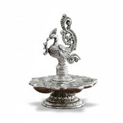 KridayKraft Traditional Silver-Plated Peacock Pooja Thali, 5-Compartment Diya Stand with Ornate Design