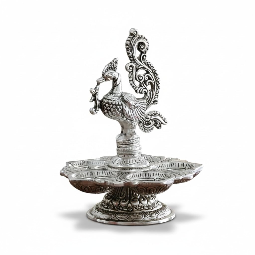 KridayKraft Traditional Silver-Plated Peacock Pooja Thali, 5-Compartment Diya Stand with Ornate Design