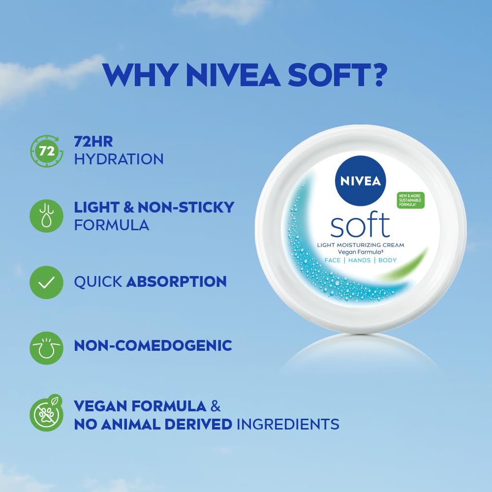 NIVEA Soft Moisturizing Cream, Lightweight Non-Sticky Daily Moisturizer with 72Hr Hydration, Vitamin E & Jojoba Oil | Hydrating Face, Body & Hand Cream for Dry to Normal Skin | Soft Glowing Skin - 200ml