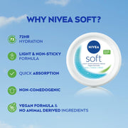 NIVEA Soft Moisturizing Cream, Lightweight Non-Sticky Daily Moisturizer with 72Hr Hydration, Vitamin E & Jojoba Oil | Hydrating Face, Body & Hand Cream for Dry to Normal Skin | Soft Glowing Skin - 50ml