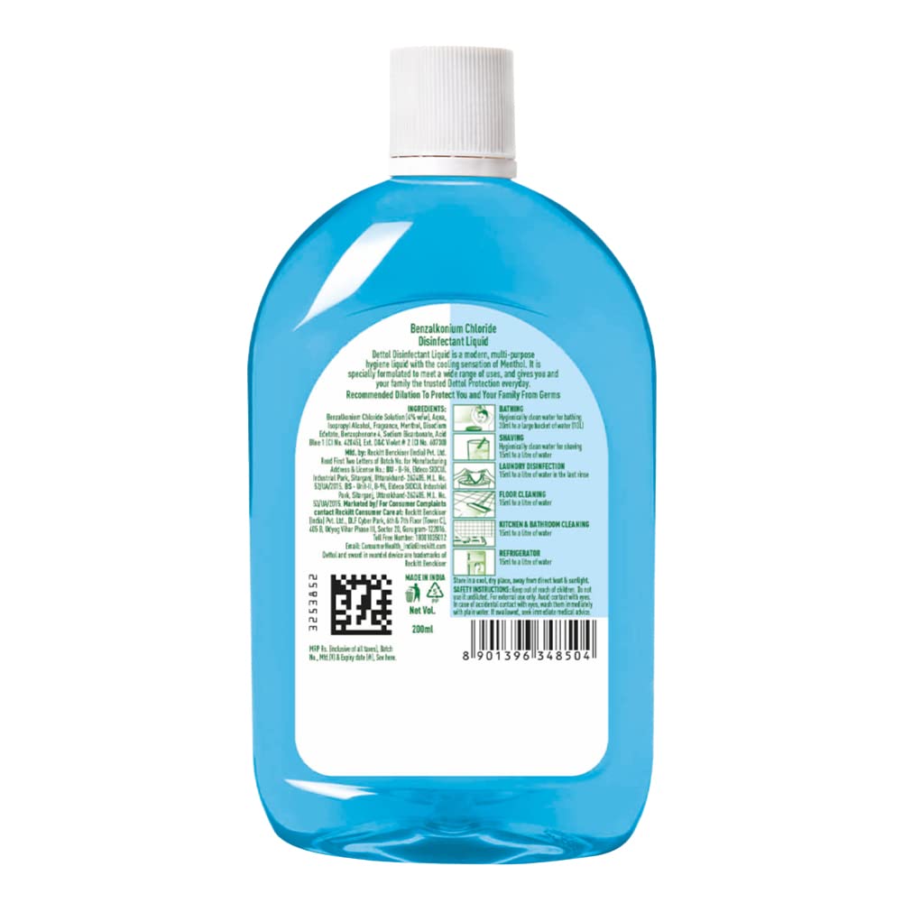 Dettol Liquid Disinfectant for Multi-Purpose Germ Protection, Menthol Cool, 200ml