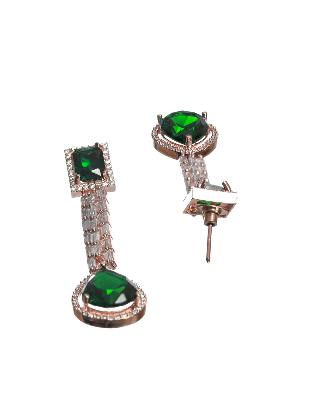 Priyaasi Green AD Studded Rose Gold Plated Drop Earrings