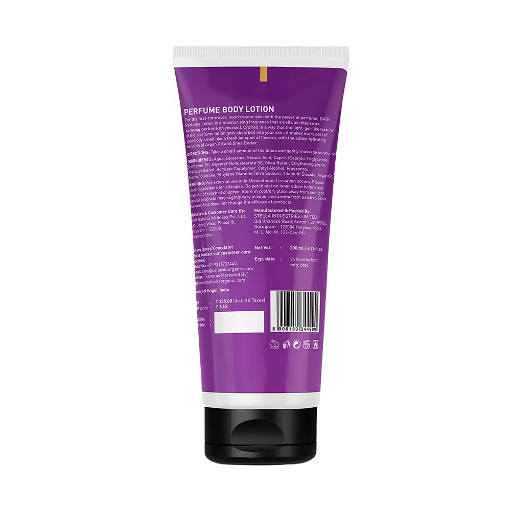 Bella Vita Luxury Date Woman Body Perfume Lotion for Nourishing, Hydrating, Soft, Supple,Healthy Skin with Argan Oil and Shea Butter 200 ml