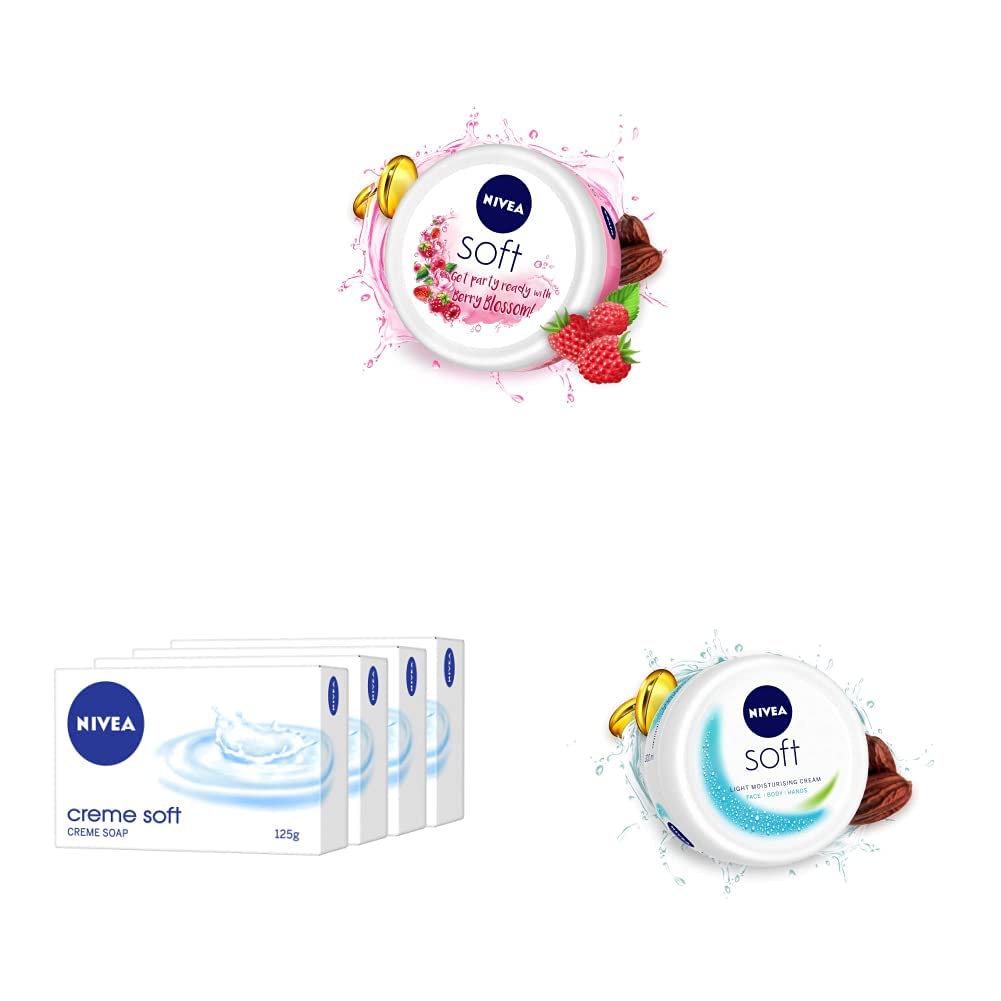 NIVEA Soft Berry Blossom, 100 ml&NIVEA Soap, Creme Soft, For Hands And Body, 125g &NIVEA Soft Light Moisturizer Cream 200 ml