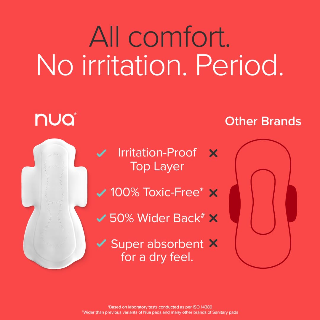 Nua Complete Comfort Sanitary Pads for Women L | Pack of 30 | Light Flow Pads | Super Saver | Zero Irritation Promise | Comfortable All-Day Protection | Ultra-Thin | Super Absorbent | No rashes | 50% Wider Back | 100% Toxic-Free, Dermatologically Tested | Essentials Pack
