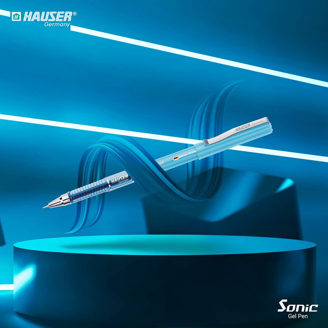 Hauser Sonic Gel Pen Box | Attractive Foiled Body | Stylish Metal Clip | Refillable & Waterproof Gel Ink | German Technology For Smooth & Effortless Writing | Blue Ink, Set Of 10 X 5 Pack