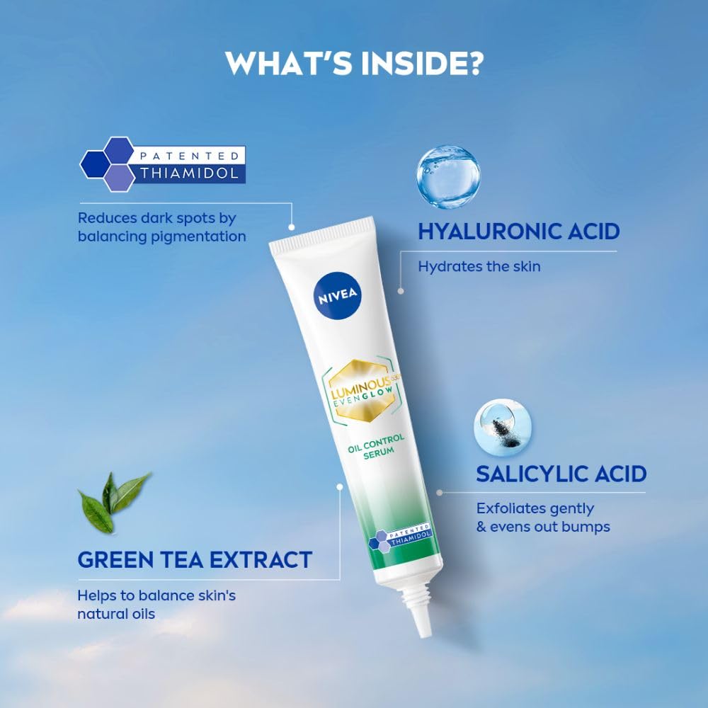 NIVEA Luminous Even Glow Oil Control Face Crème & Moisturiser Serum | Patented Thiamidol (60X More Effective Than Vitamin C) | Salicylic Acid & Hyaluronic Acid | Dark Spots & Pigmentation Serum for Oil Control, Brightening & Hydration | 10ml