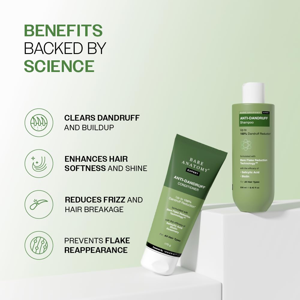 Bare Anatomy Anti Dandruff Shampoo & Hair Conditioner Combo | Helps Manage Flakes, Moisturizes & Reduces Frizz | 250 ml + 175 gm