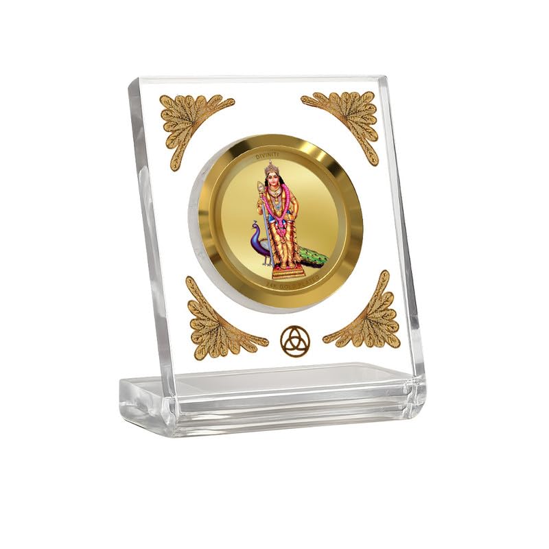 DIVINITI 24K Gold Plated Lord Murugan Acrylic Frame for Car Dashboard, Home Temple & Office Table | Premium Spiritual Gift, Blessings for Protection & Positivity, 8x7 cm Decorative Showpiece