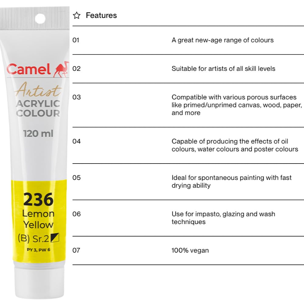 Camel Camlin Kokuyo Artist Acrylic Colour Tubes 120ml Lemon Yellow 236