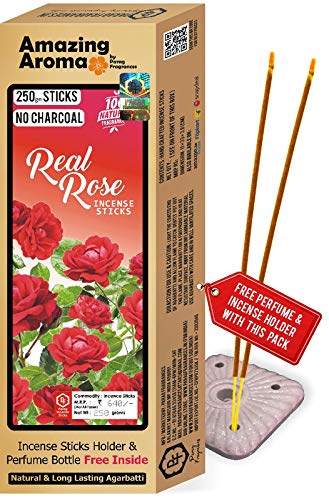Parag Fragrances Real Rose Agarbatti 250gm / with 2pc Perfumes and 1pc Incense Holder/Natural Fragrance & No Charcoal Incense Sticks for Pooja & Home Fragrance