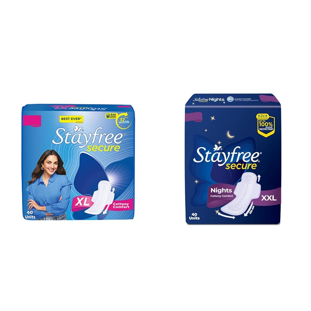 Stayfree Secure XL Sanitary Pads For Women| 40 Pads | Cottony Soft Cover | Up to 12 Hours Protection | Odour Control System & Secure Nights XXL | 40 Pads| Cottony Soft Sanitary Pads for Women
