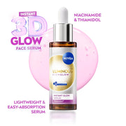 NIVEA Luminous Even Glow Face Serum | For Glowing Skin, Skin Brightening & Refined Pores | Niacinamide, Thiamidol & Vitamin C Serum | Anti-Dark Spots | With Aloe Extracts | 3D Glow in 3 Days | 30ml