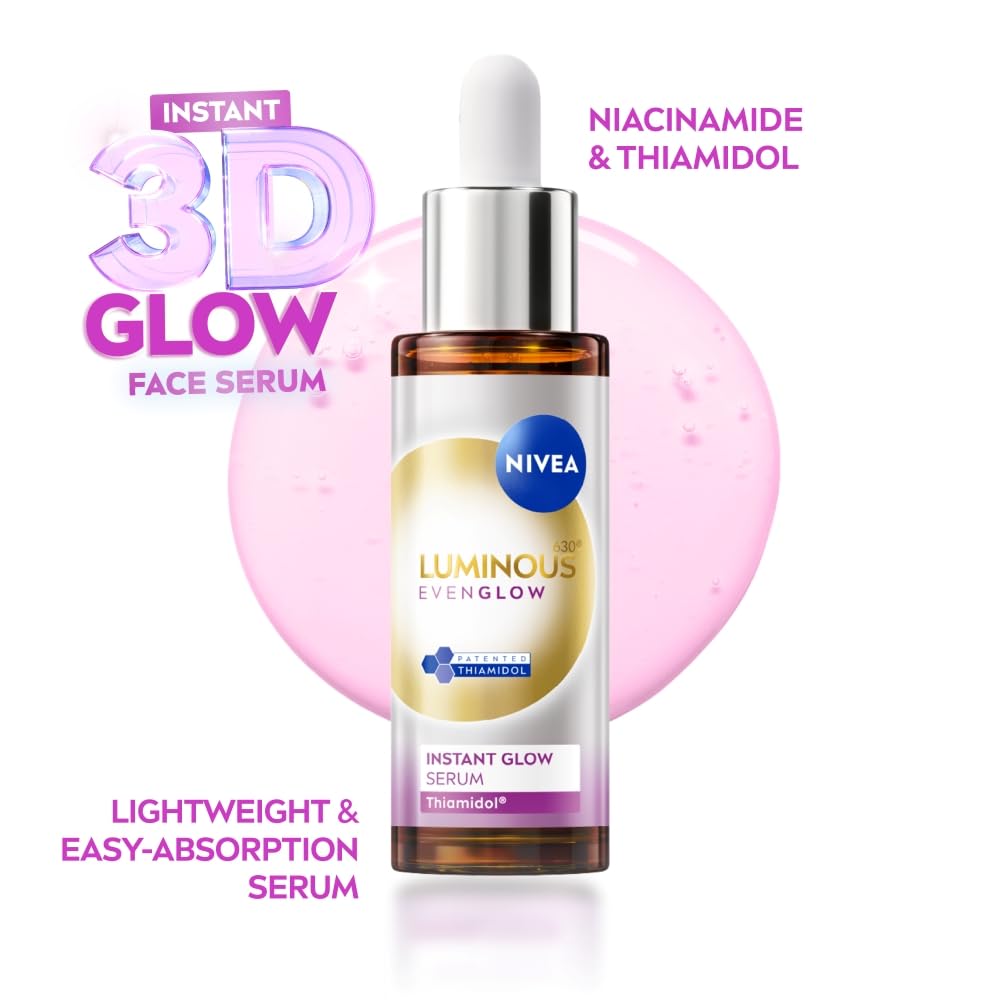 NIVEA Luminous Even Glow Face Serum | For Glowing Skin, Skin Brightening & Refined Pores | Niacinamide, Thiamidol & Vitamin C Serum | Anti-Dark Spots | With Aloe Extracts | 3D Glow in 3 Days | 30ml