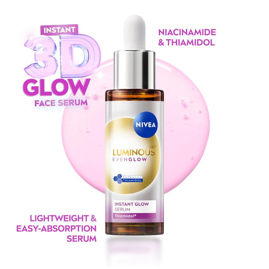 NIVEA Luminous Even Glow Face Serum | For Glowing Skin, Skin Brightening & Refined Pores | Niacinamide, Thiamidol & Vitamin C Serum | Anti-Dark Spots | With Aloe Extracts | 3D Glow in 3 Days | 30ml