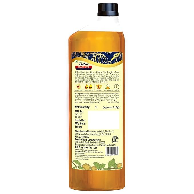 Dabur Heart Care Oil - 1 Ltr bottle | Heart Healthy cooking oil infused with Arjuna | Rice Bran Oil, Flaxseed oil & Sesame oil | Goodness of MUFA, PUFA and Oryzanol