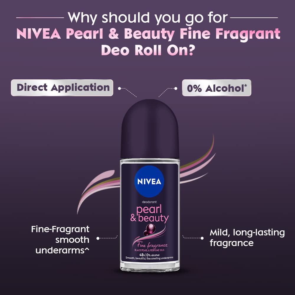 Nivea Women Deodorant Roll On, Pearl & Beauty Fine Fragrance For Fragrant Smooth & Beautiful Underarm Skin, 50ml&NIVEA Deodorant Roll On, Pearl & Beauty For Women 50ml