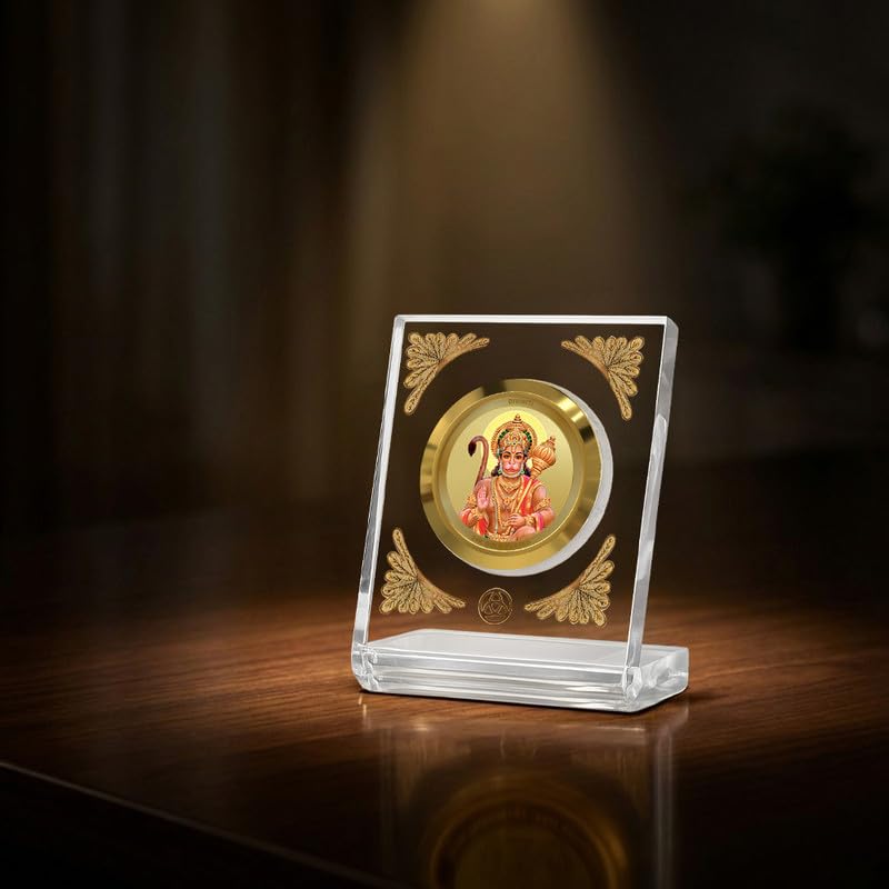 DIVINITI 24K Gold Plated Lord Hanuman With Blessings Acrylic Frame for Car Dashboard, Home Temple & Office Table | Premium Spiritual Gift, Blessings for Protection & Positivity, 8x7 cm