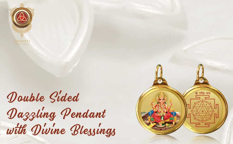 DIVINITI 24K Gold Plated Lord Ganesha & Yantra Double-Sided Pendant with Premium Gift Box, 28 mm Hindu Religious Locket, Luxury Spiritual Jewellery Gift for Men & Women