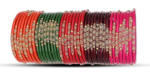 NMII Glass and Studded with Zircon Gemstone or Beads Glossy Finished Bangle set for Women and Girls,(Multicolor_2.6 Inches) Pack Of 40 Bangle Set