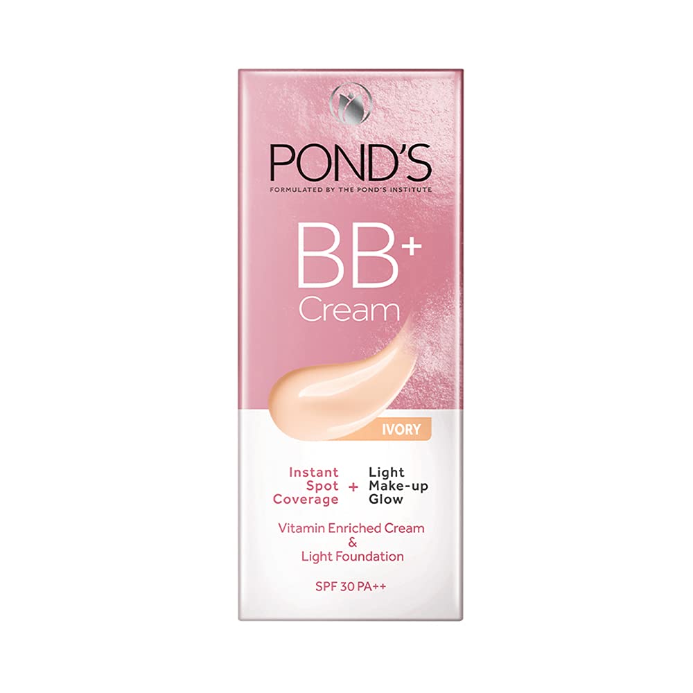 Pond's BB+ Cream Ivory Instant Spot Coverage + Light Makeup Glow Vitamin Enriched Foundation SPF 30 PA+++ 30g & Pond's Light Moisturiser Cream 100ml