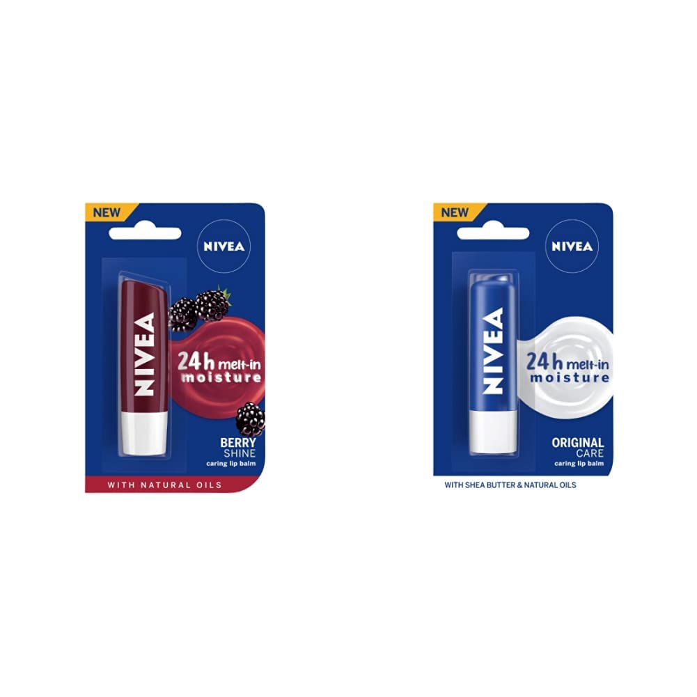NIVEA Lip Balm, Fruity Blackberry Shine And NIVEA Lip Balm, Essential Care,4.8 g (Pack of 1)