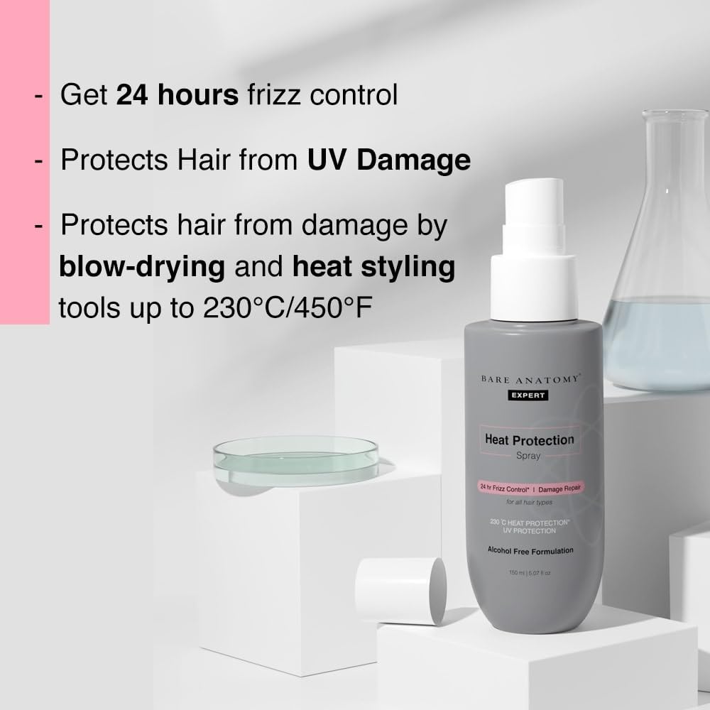 Bare Anatomy Heat Protection Spray Serum| Controls Frizz for up to 24 Hrs | Vitamin E, Pea Protein & Veg Keratin Enriched | Paraben Free | For Women & Men | Vegan |230 °C Heat Protection 150 ml