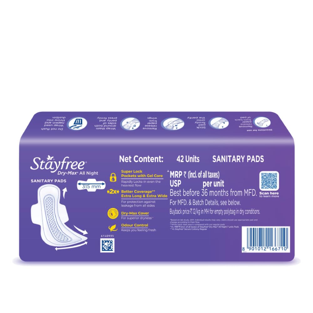 Stayfree Dry Max XXL | All Night XXL Dry Cover Sanitary Pads for Women | Convert Heavy flow into Gel | Odour Control | Absorbs 2x more with wider back | Superior Dry feel | Ultra Thin Pads | 42 Pads