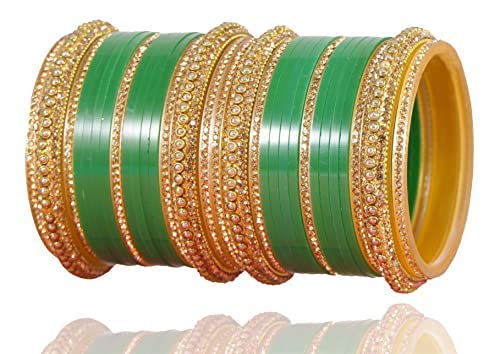 NMII Golden Traditional Acrylic Plastic Chuda Set For Bridal Women & Girls with Zircon Stone & Beads | Bridal Bangles For Wedding | Plastic Chura Set Punjabi Bangles ,(-Dark Green-2.4), Pack Of 30 Bangle