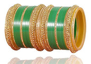 NMII Golden Traditional Acrylic Plastic Chuda Set For Bridal Women & Girls with Zircon Stone & Beads | Bridal Bangles For Wedding | Plastic Chura Set Punjabi Bangles ,(-Dark Green-2.4), Pack Of 30 Bangle