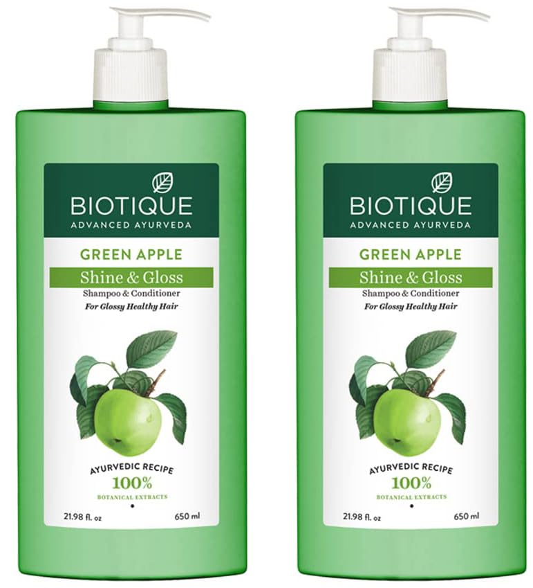 Biotique Green Apple Shine & Gloss Shampoo & Conditioner| Promotes Healthy, Shiny and Glossy Hair | Nourishes Scalp | Makes Hair Soft & Smooth |100% Botanical Extracts| All Skin Types | 650ml