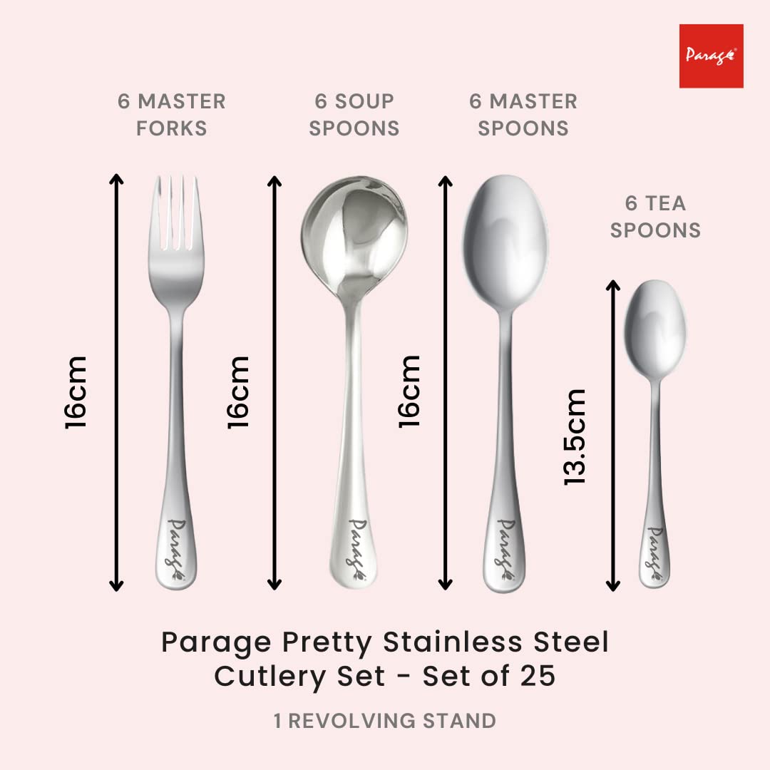 Parage 25 Pieces Pretty Premium Stainless Steel Cutlery Set for Home & Kitchen (Contains: 6 Dinner Spoons, 6 Tea Spoons, 6 Forks, 6 Soup Spoons) - Spoon Set for Dining Tableware Stylish, Silver
