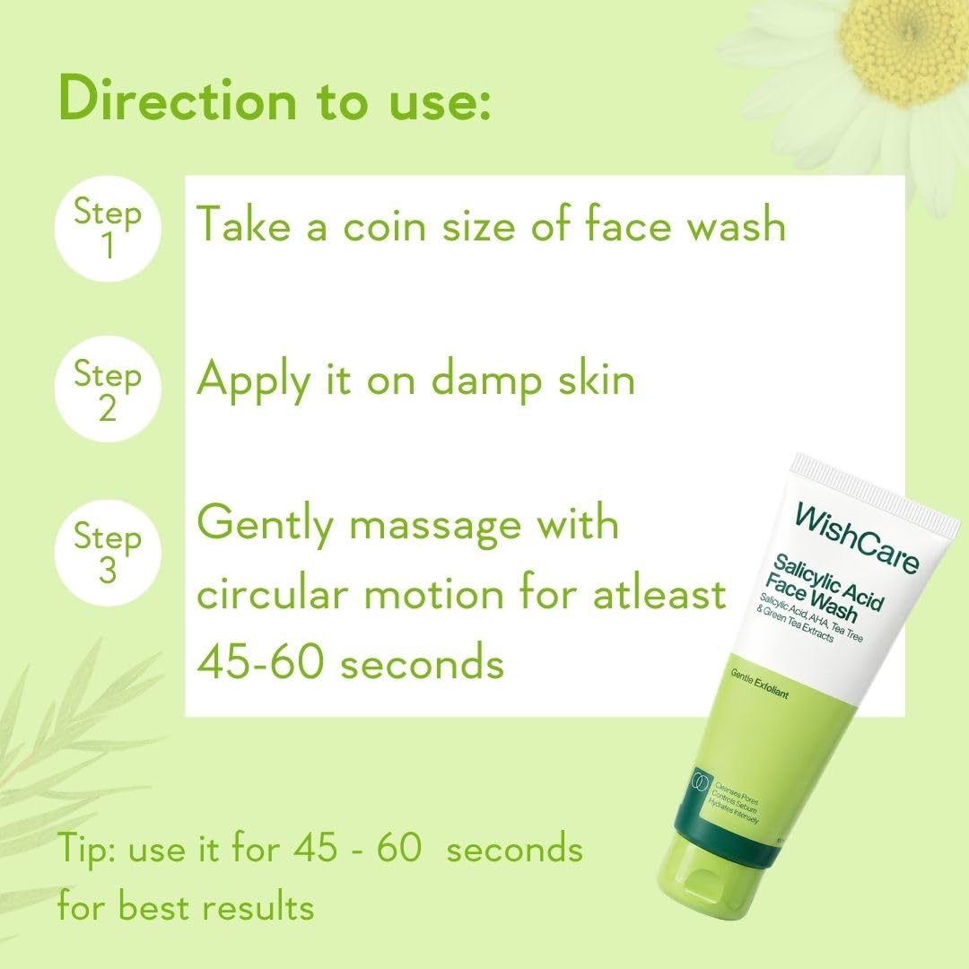 WishCare Salicylic Acid Face Wash For Women & Men | Reduces Acne & Controls Oil | With AHA, Green Tea, Chamomile & Tea Tree | Salicylic Acid Face Wash For Oily Skin & Acne Prone Skin | 100ml