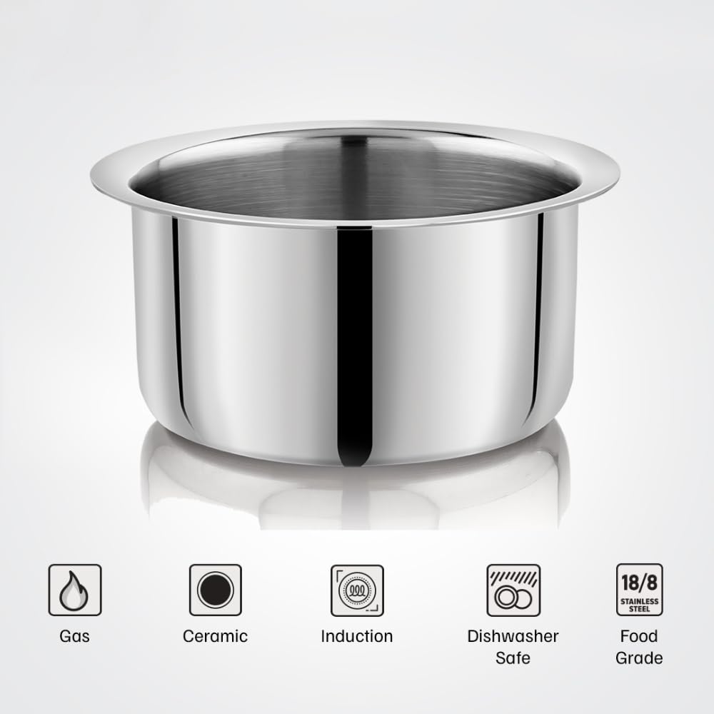 Vinod – Claro Heavy Gauge Stainless Steel Tope (Plain), 1.5 mm – Capacity 0.9 Liter