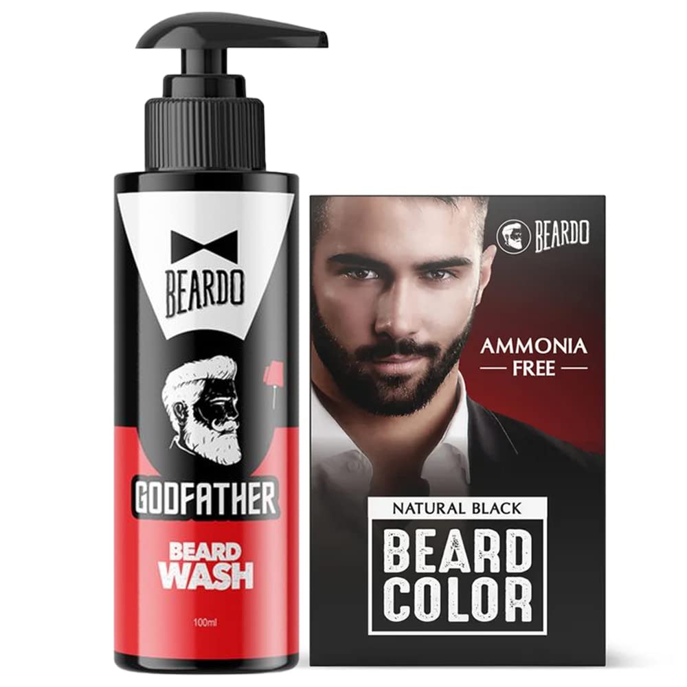 Beardo Natural Black Beard Color for Men 60ml With Godfather Beard Wash 100ml (Pack of 2) | Purifying & Hydrating Beard and Skin Cleaner with Avocado Oil, Argan Oil | Easy to apply, No Stain Beard Hair Colour for men | Skin Friendly Hair dye