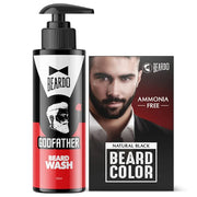 Beardo Natural Black Beard Color for Men 60ml With Godfather Beard Wash 100ml (Pack of 2) | Purifying & Hydrating Beard and Skin Cleaner with Avocado Oil, Argan Oil | Easy to apply, No Stain Beard Hair Colour for men | Skin Friendly Hair dye