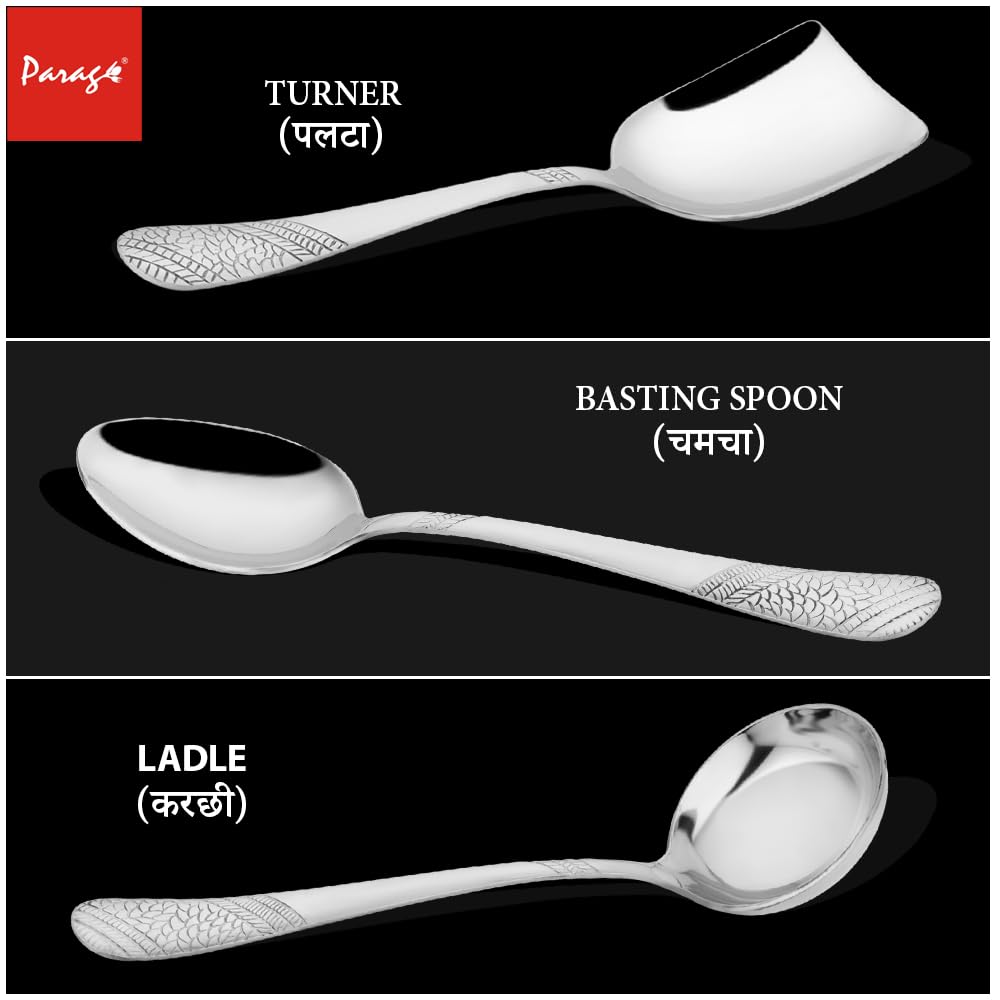 Parage 3 Pieces Stainless Steel Serving Spoons Set for Dining Table/Kitchen, 1.8 mm Heavy Gauge (1 Soup Ladle (Karchi), 1 Solid Spoon (Chamcha), 1 Rice Spoon), Silver (Pack of 3)